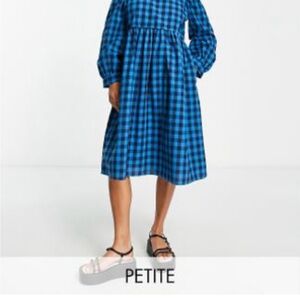 ASOS Petite Blue and Black Smocked Midi Dress with Crew Neck